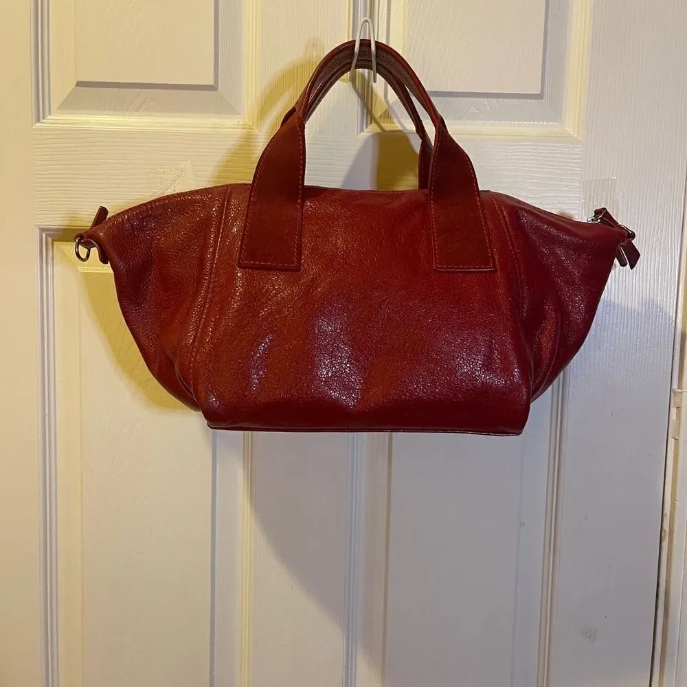 Francesco Biasia leather & suede deep Red medium Satchel gold studs accents.